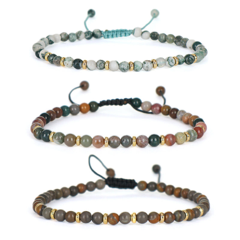 Wholesale Custom 4mm Natural Stone Beaded Handmade Fashion Women Gift Gold Plated Brass Charm Braided Ajustable Macrame Bracelet