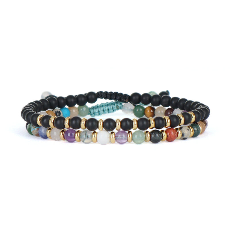 Handmade Custom Gold Plated Brass Charm Ajustable Woven Cord Macrame 4mm Gemstone Natural Stone Beads Bracelet For Women Gift