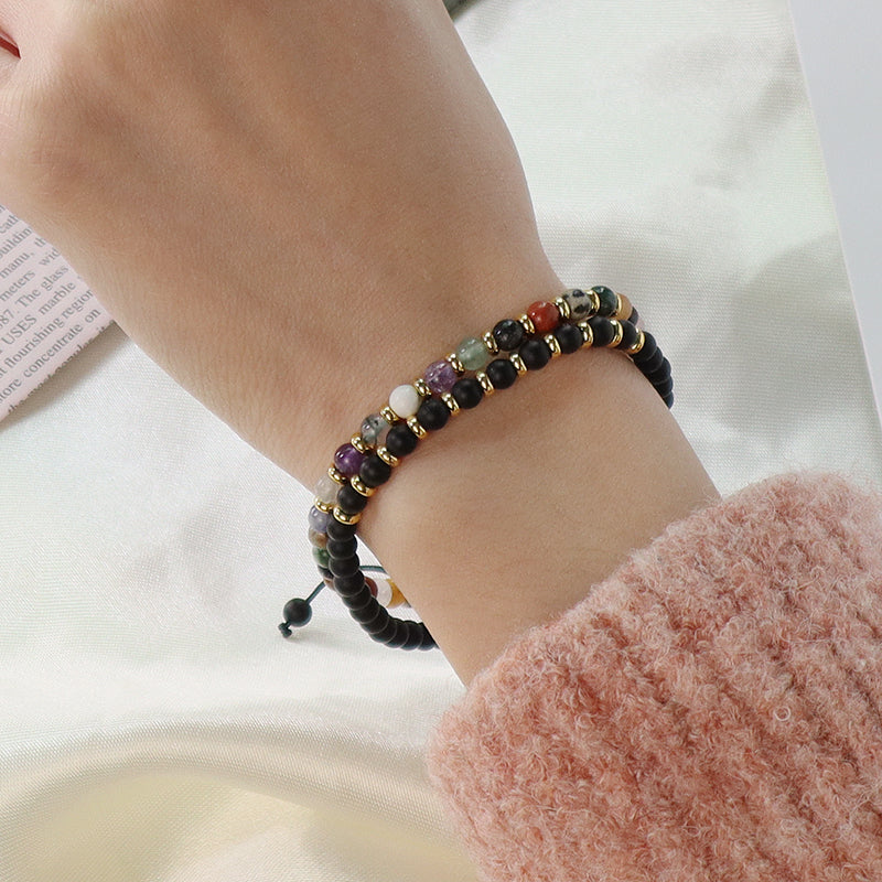 Handmade Custom Gold Plated Brass Charm Ajustable Woven Cord Macrame 4mm Gemstone Natural Stone Beads Bracelet For Women Gift