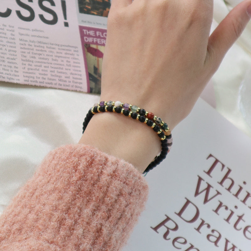 Handmade Custom Gold Plated Brass Charm Ajustable Woven Cord Macrame 4mm Gemstone Natural Stone Beads Bracelet For Women Gift