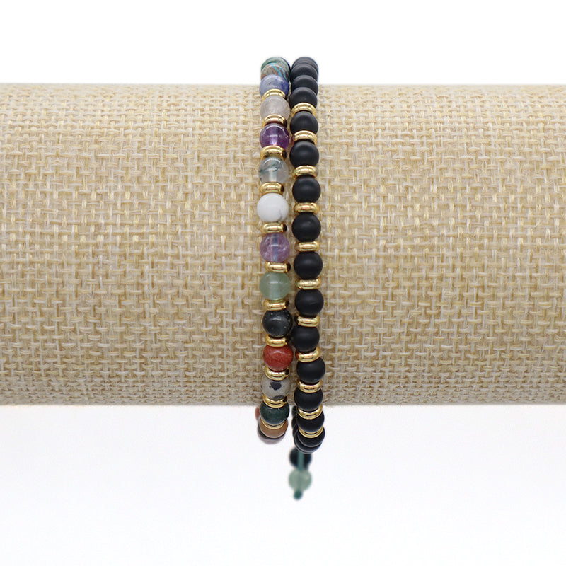 Handmade Custom Gold Plated Brass Charm Ajustable Woven Cord Macrame 4mm Gemstone Natural Stone Beads Bracelet For Women Gift