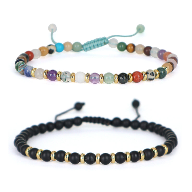 Handmade Custom Gold Plated Brass Charm Ajustable Woven Cord Macrame 4mm Gemstone Natural Stone Beads Bracelet For Women Gift