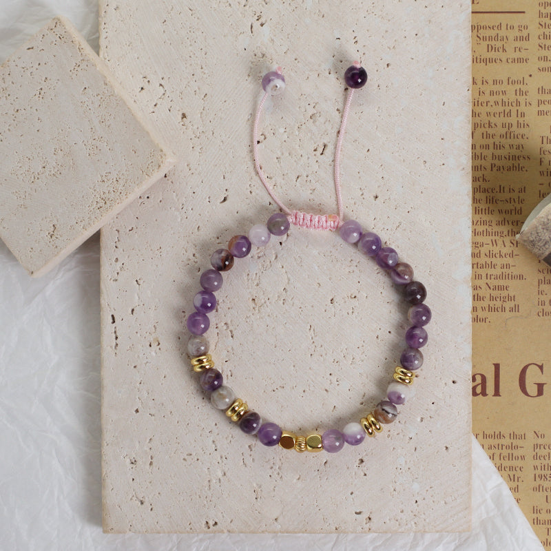 Handmade Custom Women Gift Gold Plated Brass Charm 4mm Purple Gemstone Natural Stone Beads Ajustable Woven Cord Macrame Bracelet