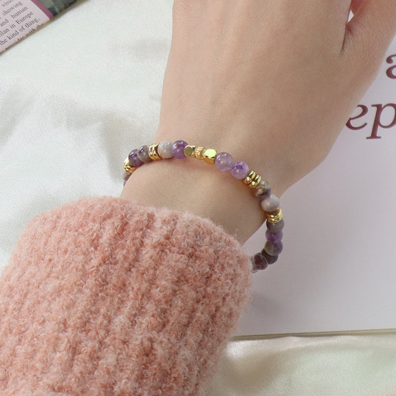 Handmade Custom Women Gift Gold Plated Brass Charm 4mm Purple Gemstone Natural Stone Beads Ajustable Woven Cord Macrame Bracelet