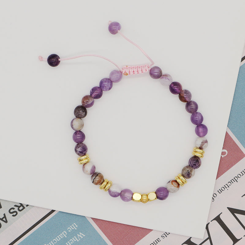 Handmade Custom Women Gift Gold Plated Brass Charm 4mm Purple Gemstone Natural Stone Beads Ajustable Woven Cord Macrame Bracelet