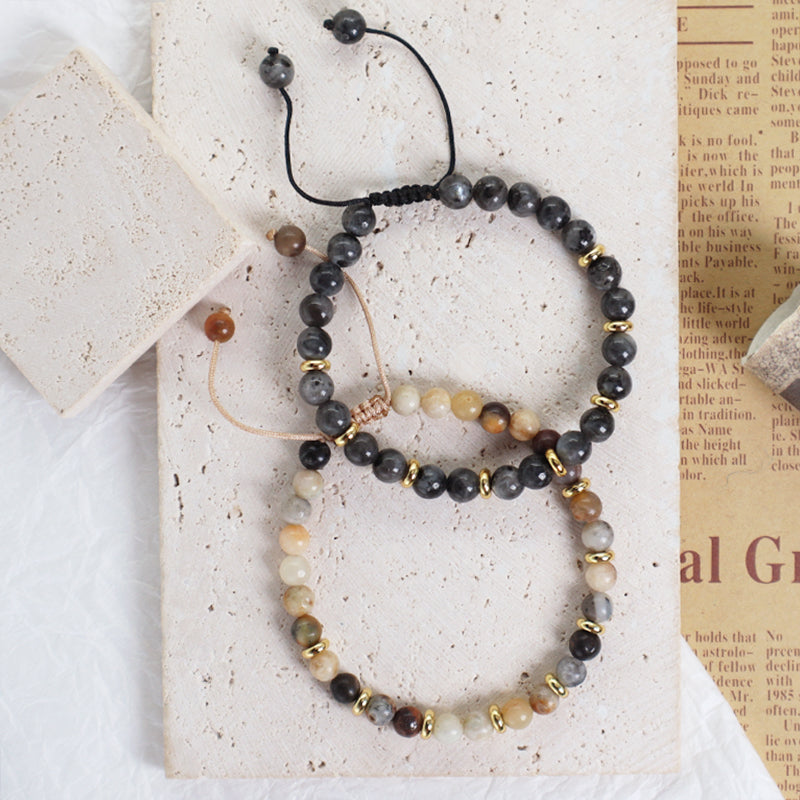 Custom Wholesale Handmade Women Gold Plated Charm Ajustable Woven Cord Macrame 6mm Round Natural Stone Beads Gemstone Bracelet