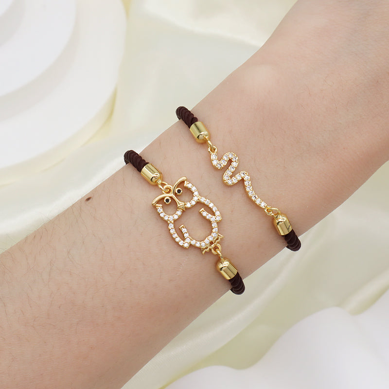 Manufacture Handmade Gift OEM China Factory Wholesale Custom Ajustable Rope CZ Gold Plated Snake Owl Charm Bracelet for Women