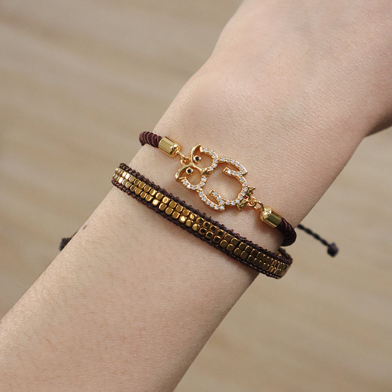 Manufacture Handmade Gift OEM China Factory Wholesale Custom Ajustable Rope CZ Gold Plated Snake Owl Charm Bracelet for Women