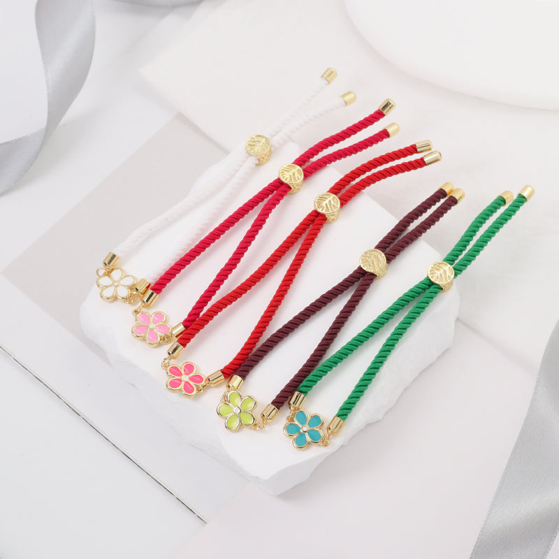 Fashion Jewelry Wholesale Custom Handmade OEM Ajustable Rope CZ Gold Plated Colorful Enamel Flower Bracelet for Women Gift