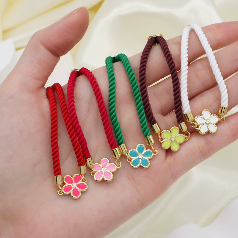 Fashion Jewelry Wholesale Custom Handmade OEM Ajustable Rope CZ Gold Plated Colorful Enamel Flower Bracelet for Women Gift