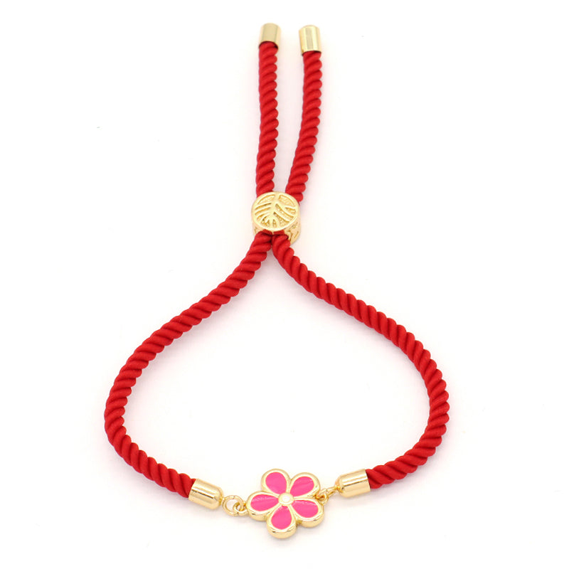 Fashion Jewelry Wholesale Custom Handmade OEM Ajustable Rope CZ Gold Plated Colorful Enamel Flower Bracelet for Women Gift