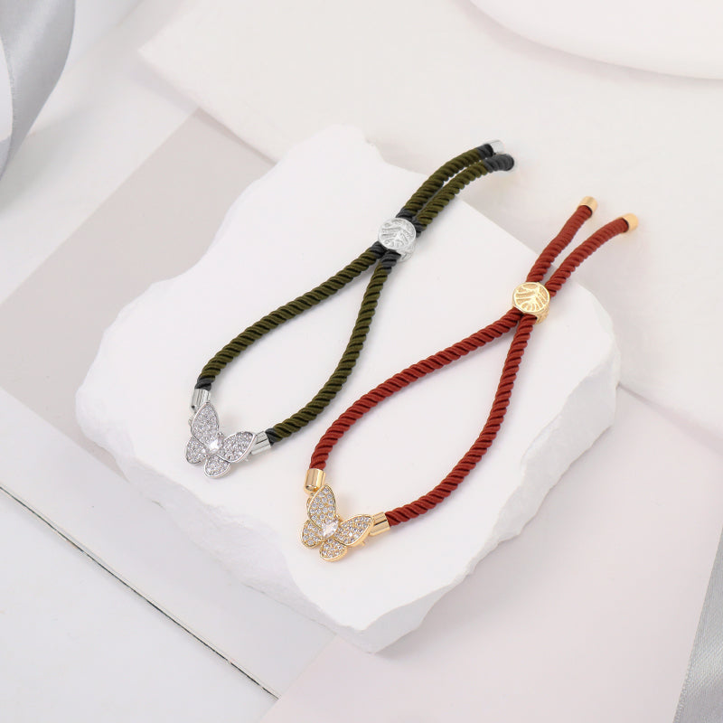 Handmade Wholesale Customized Women Gift OEM Factory Butterfly Charm Jewelry Ajustable Rope CZ Gold Plated Butterfly Bracelet