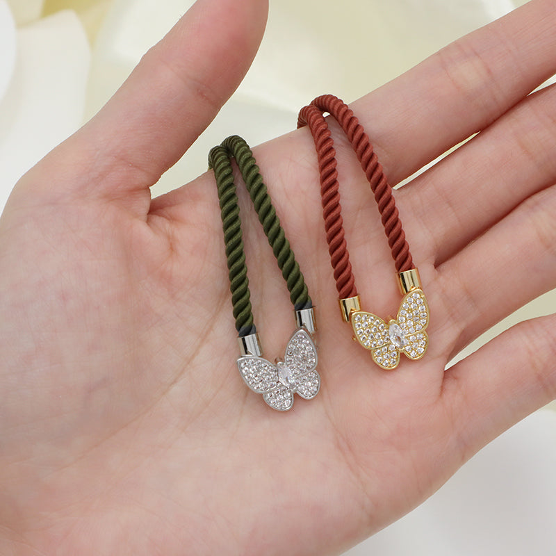 Handmade Wholesale Customized Women Gift OEM Factory Butterfly Charm Jewelry Ajustable Rope CZ Gold Plated Butterfly Bracelet
