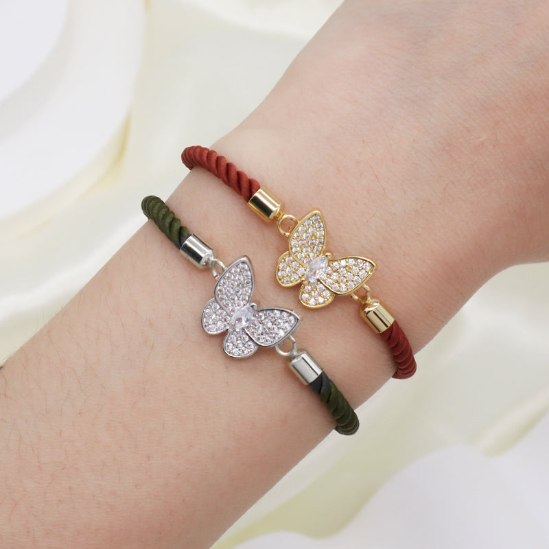 Handmade Wholesale Customized Women Gift OEM Factory Butterfly Charm Jewelry Ajustable Rope CZ Gold Plated Butterfly Bracelet