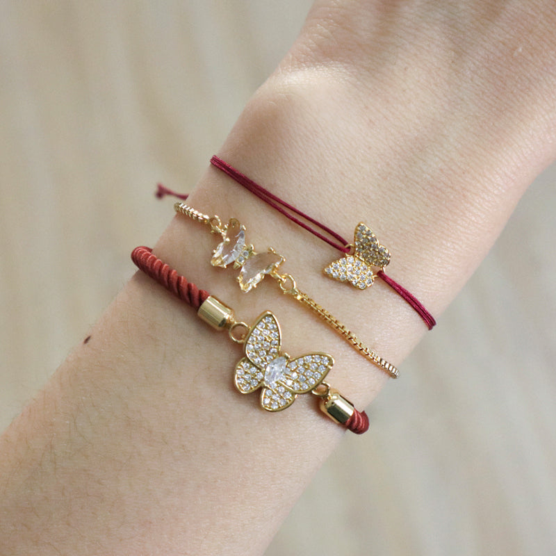 Handmade Wholesale Customized Women Gift OEM Factory Butterfly Charm Jewelry Ajustable Rope CZ Gold Plated Butterfly Bracelet