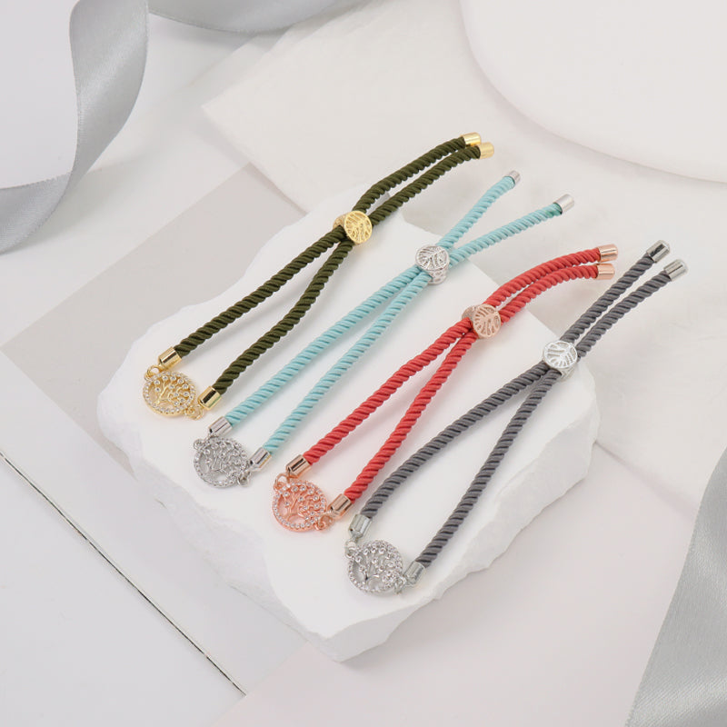 OEM Factory Handmade Wholesale Custom Women Gift Family Tree Charm Jewelry Ajustable Rope CZ Gold Plated Life Tree Bracelet