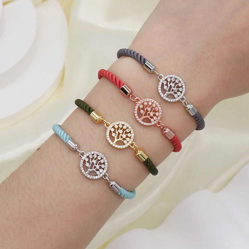 OEM Factory Handmade Wholesale Custom Women Gift Family Tree Charm Jewelry Ajustable Rope CZ Gold Plated Life Tree Bracelet