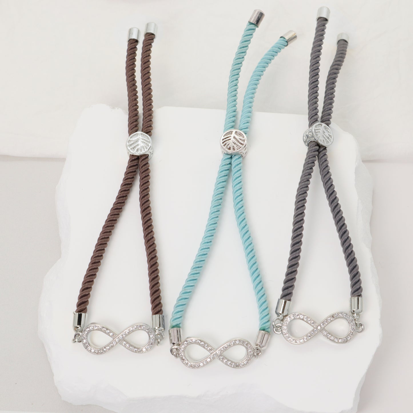 Women Gift Jewelry OEM China Factory Handmade Wholesale Customized CZ Rhodium Plated Ajustable Rope Infinite Charm Bracelet