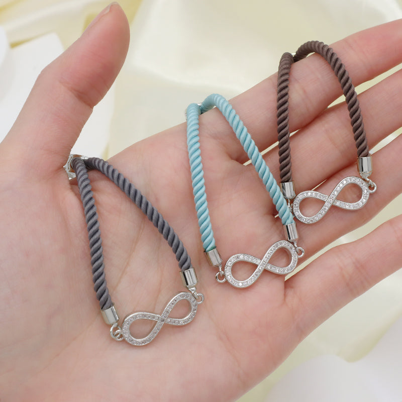 Women Gift Jewelry OEM China Factory Handmade Wholesale Customized CZ Rhodium Plated Ajustable Rope Infinite Charm Bracelet