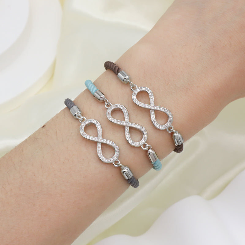 Women Gift Jewelry OEM China Factory Handmade Wholesale Customized CZ Rhodium Plated Ajustable Rope Infinite Charm Bracelet