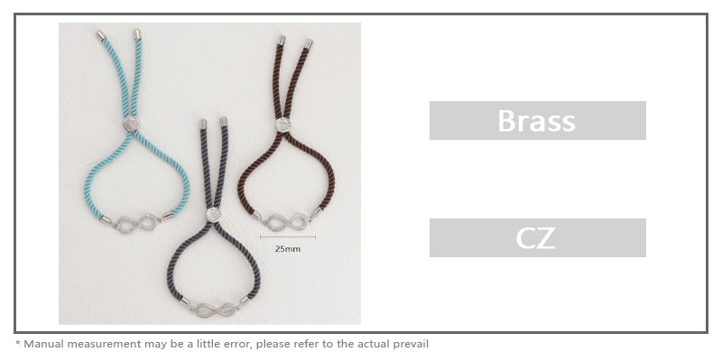Women Gift Jewelry OEM China Factory Handmade Wholesale Customized CZ Rhodium Plated Ajustable Rope Infinite Charm Bracelet
