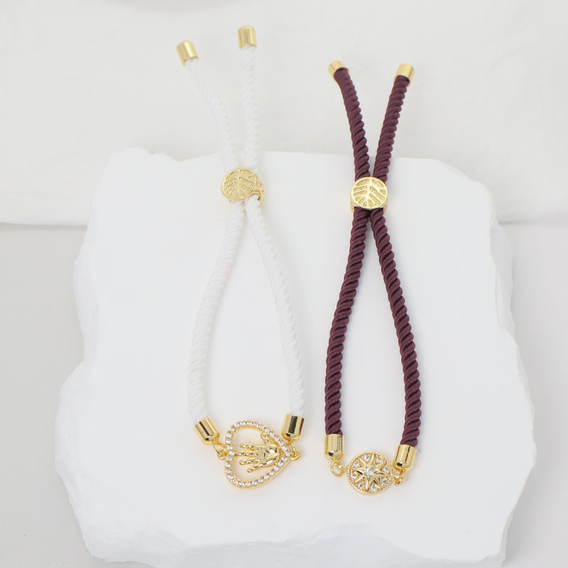 New Arrival Handmade Women Gift OEM Factory Wholesale Custom Jewelry Ajustable Rope CZ Gold Plated Heart Hand Charm Bracelet