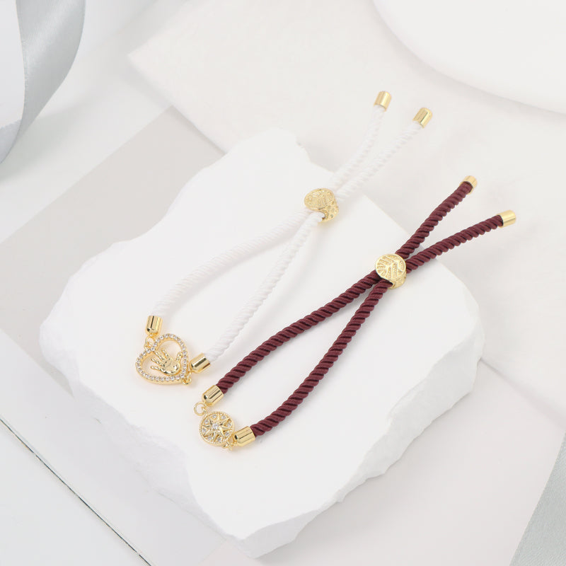 New Arrival Handmade Women Gift OEM Factory Wholesale Custom Jewelry Ajustable Rope CZ Gold Plated Heart Hand Charm Bracelet