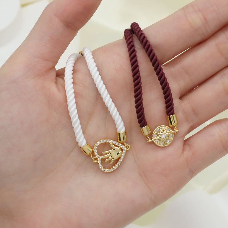 New Arrival Handmade Women Gift OEM Factory Wholesale Custom Jewelry Ajustable Rope CZ Gold Plated Heart Hand Charm Bracelet