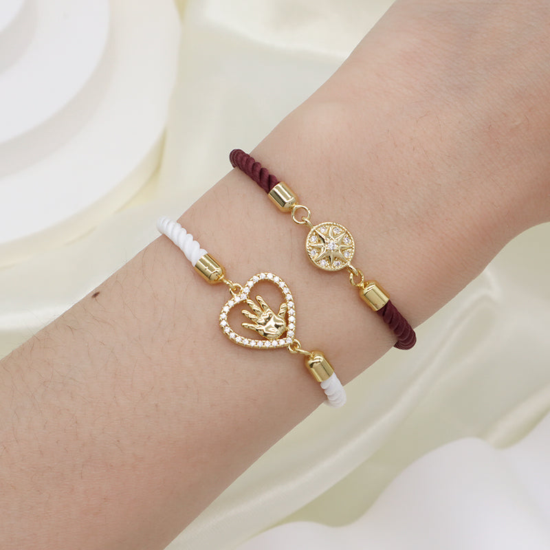 New Arrival Handmade Women Gift OEM Factory Wholesale Custom Jewelry Ajustable Rope CZ Gold Plated Heart Hand Charm Bracelet