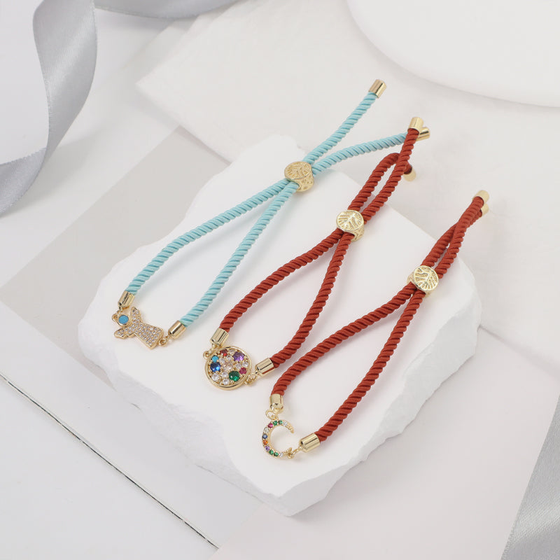 OEM Hot Selling Wholesale Custom Moon Charm Jewelry Handmade Ajustable Rope CZ Gold Plated Crescent Moon Bracelet For Women Gift