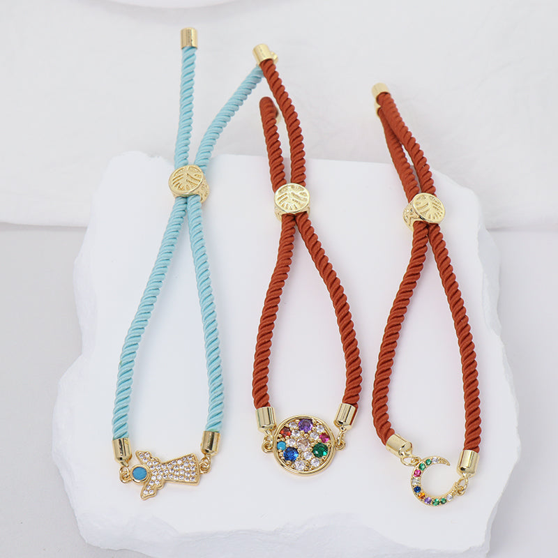OEM Hot Selling Wholesale Custom Moon Charm Jewelry Handmade Ajustable Rope CZ Gold Plated Crescent Moon Bracelet For Women Gift