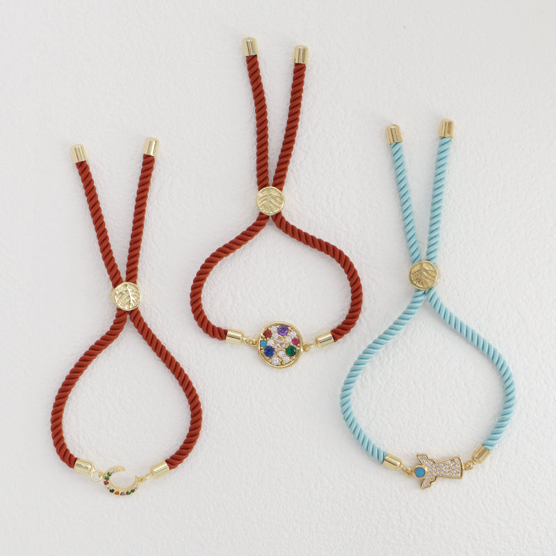 OEM Hot Selling Wholesale Custom Moon Charm Jewelry Handmade Ajustable Rope CZ Gold Plated Crescent Moon Bracelet For Women Gift