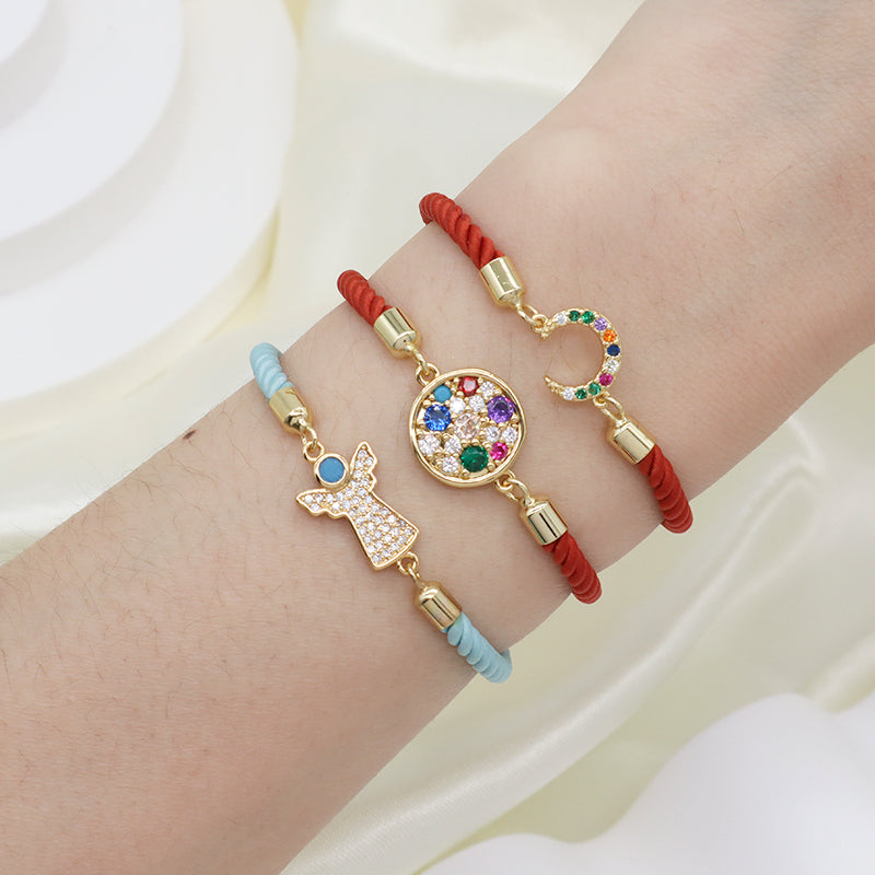 OEM Hot Selling Wholesale Custom Moon Charm Jewelry Handmade Ajustable Rope CZ Gold Plated Crescent Moon Bracelet For Women Gift