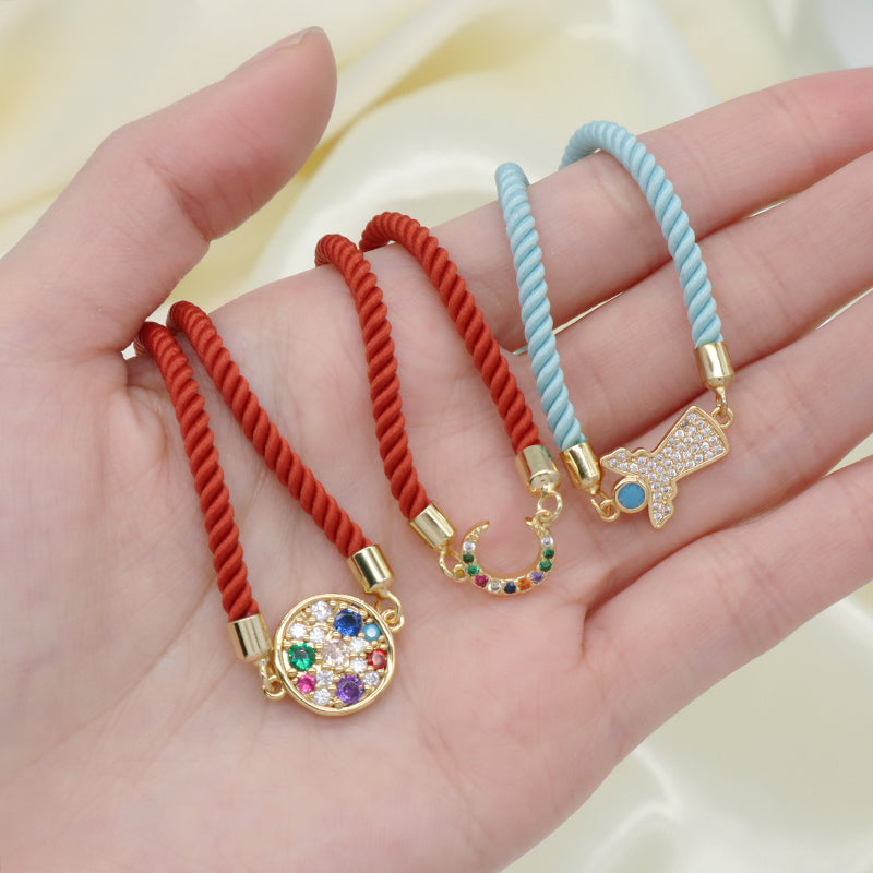 OEM Hot Selling Wholesale Custom Moon Charm Jewelry Handmade Ajustable Rope CZ Gold Plated Crescent Moon Bracelet For Women Gift
