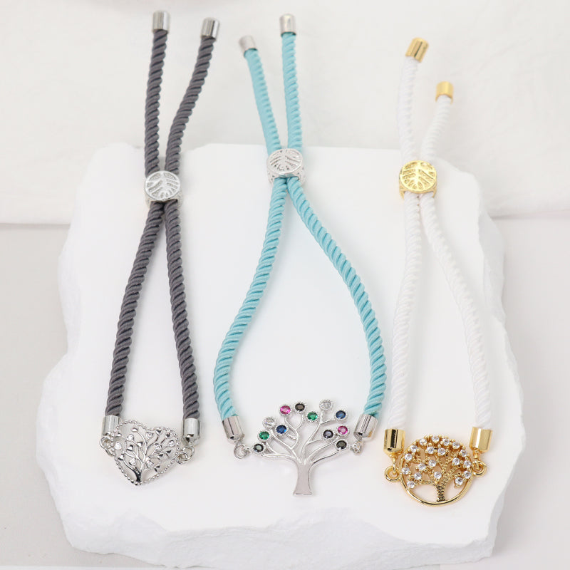Wholesale New Arrival Handmade OEM Factory Custom Jewelry Ajustable Rope CZ Gold Plated Heart Tree Charm Bracelet For Women Gift