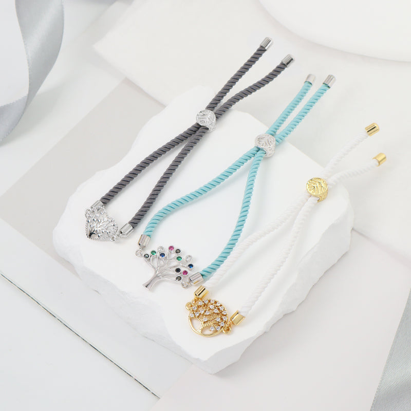 Wholesale New Arrival Handmade OEM Factory Custom Jewelry Ajustable Rope CZ Gold Plated Heart Tree Charm Bracelet For Women Gift
