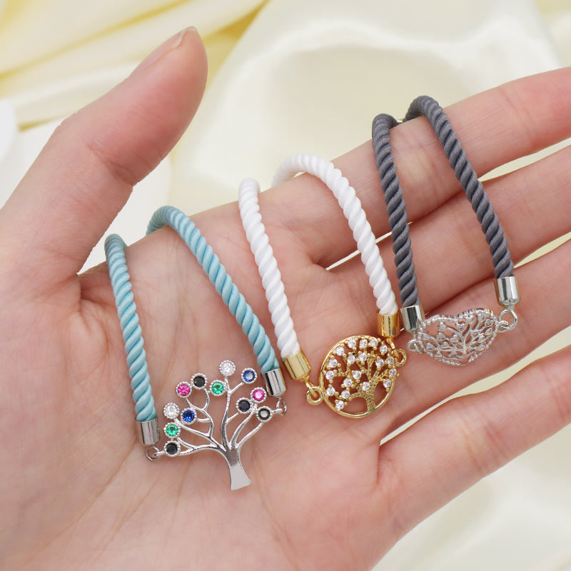 Wholesale New Arrival Handmade OEM Factory Custom Jewelry Ajustable Rope CZ Gold Plated Heart Tree Charm Bracelet For Women Gift