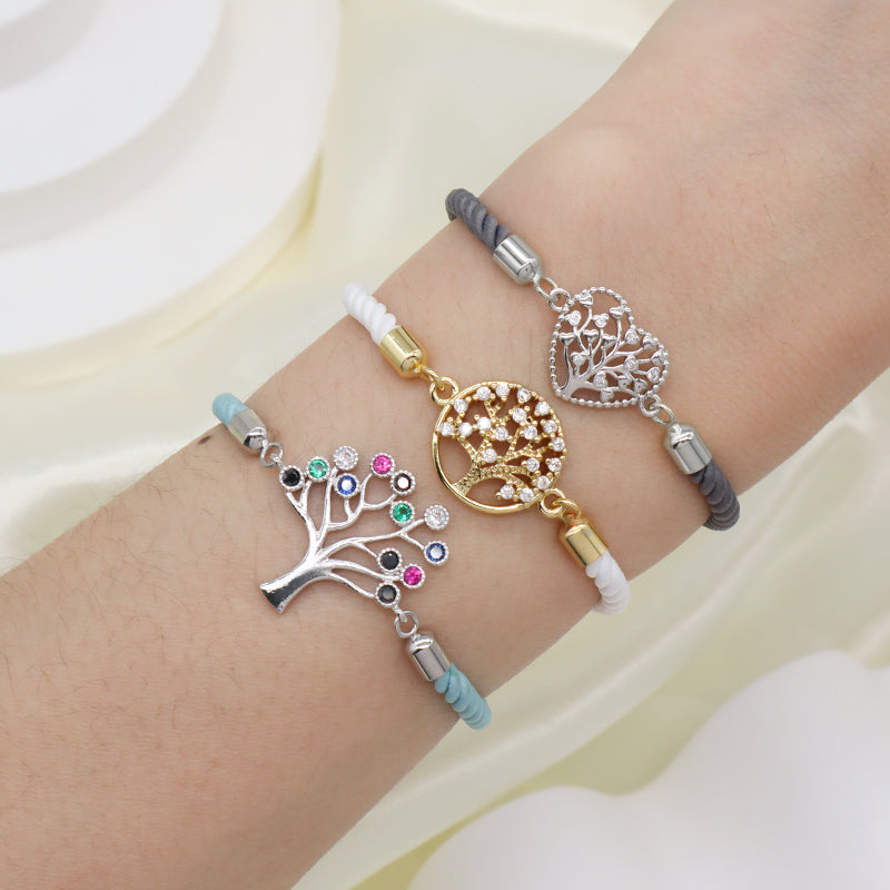 Wholesale New Arrival Handmade OEM Factory Custom Jewelry Ajustable Rope CZ Gold Plated Heart Tree Charm Bracelet For Women Gift