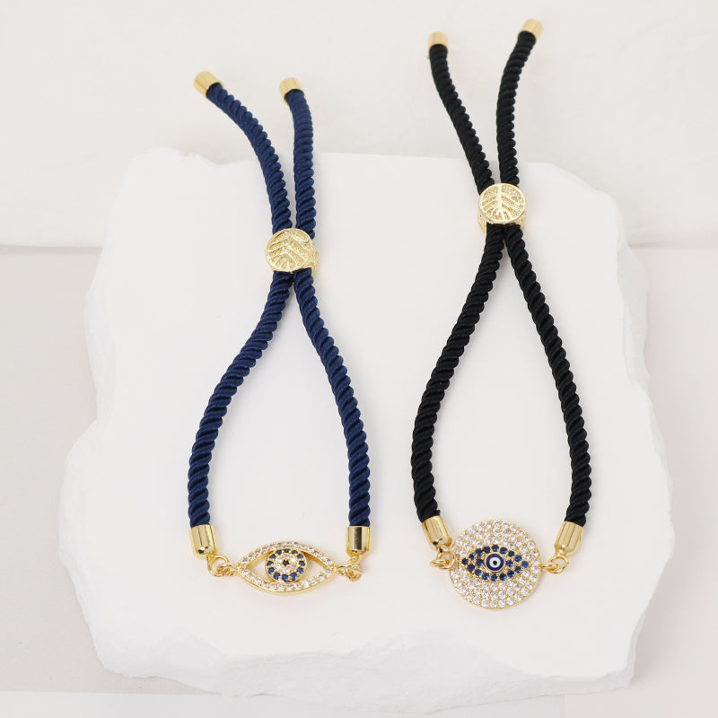 Wholesale Custom Women Gift OEM Handmade CZ Blue Devil Eyes Charm Jewelry Gold Plated Ajustable Rope Turkish Evil Eyes Bracelet