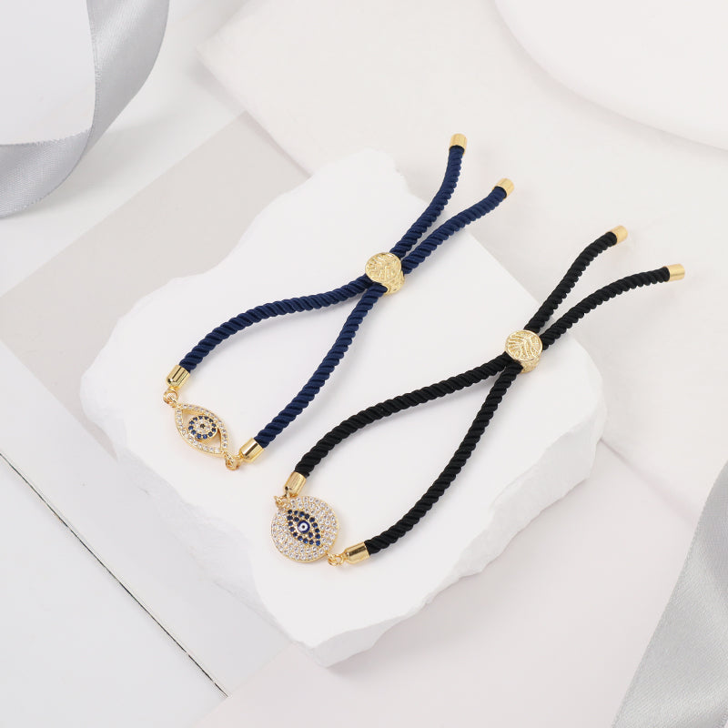 Wholesale Custom Women Gift OEM Handmade CZ Blue Devil Eyes Charm Jewelry Gold Plated Ajustable Rope Turkish Evil Eyes Bracelet