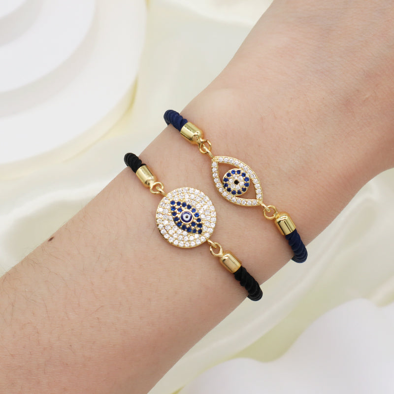 Wholesale Custom Women Gift OEM Handmade CZ Blue Devil Eyes Charm Jewelry Gold Plated Ajustable Rope Turkish Evil Eyes Bracelet