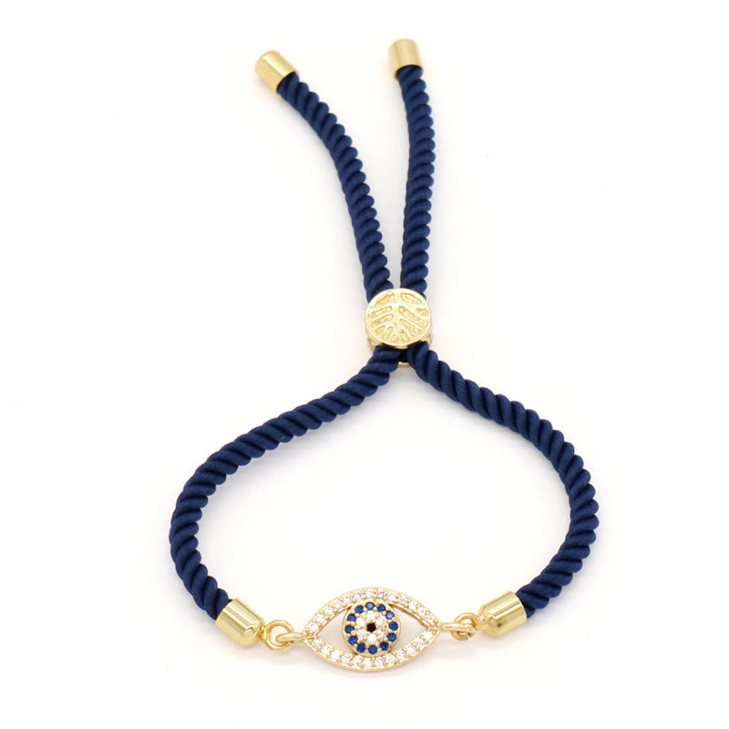 Wholesale Custom Women Gift OEM Handmade CZ Blue Devil Eyes Charm Jewelry Gold Plated Ajustable Rope Turkish Evil Eyes Bracelet