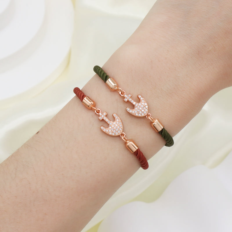 Fashion Wholesale Custom Factory Women Gift OEM Anchor Charm Jewelry Handmade Ajustable Rope Gold Plated CZ Anchor Bracelet