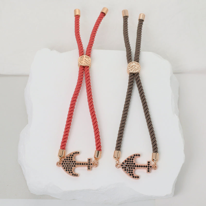 Wholesale Trendy Women Custom Factory Gift OEM Anchor Jewelry Handmade Ajustable Rope Rose Gold Plated CZ Anchor Charm Bracelet