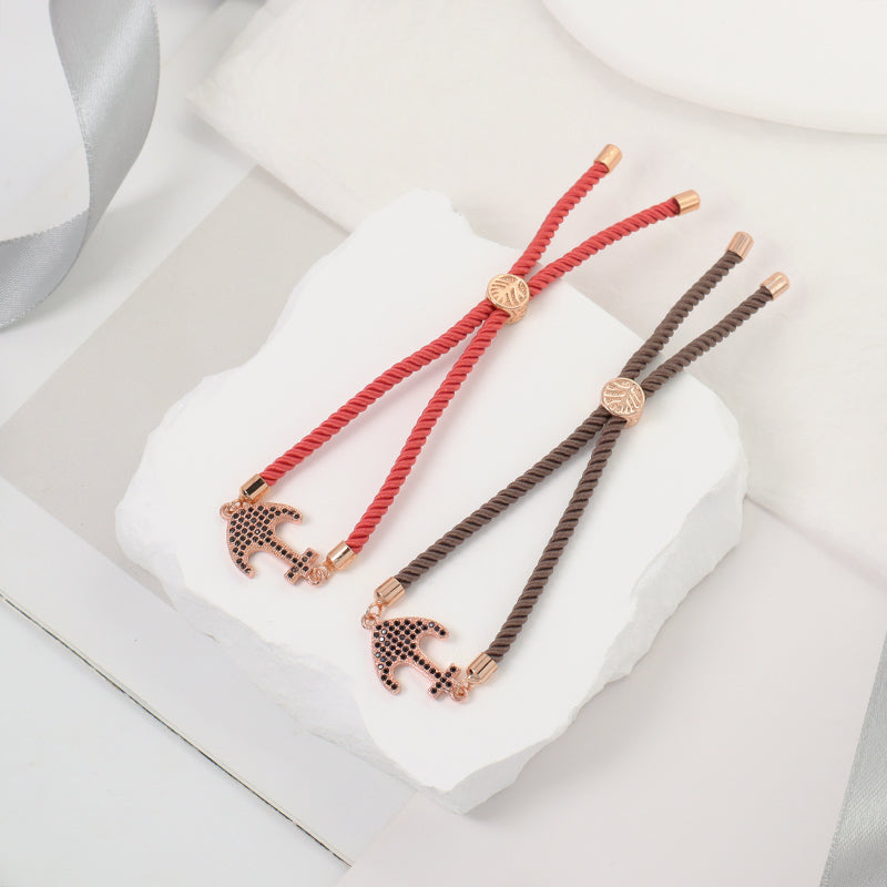 Wholesale Trendy Women Custom Factory Gift OEM Anchor Jewelry Handmade Ajustable Rope Rose Gold Plated CZ Anchor Charm Bracelet