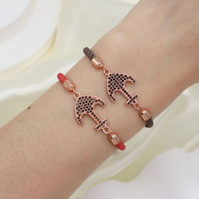 Wholesale Trendy Women Custom Factory Gift OEM Anchor Jewelry Handmade Ajustable Rope Rose Gold Plated CZ Anchor Charm Bracelet
