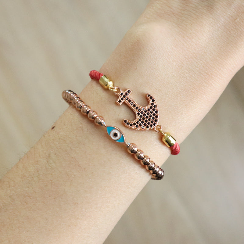 Wholesale Trendy Women Custom Factory Gift OEM Anchor Jewelry Handmade Ajustable Rope Rose Gold Plated CZ Anchor Charm Bracelet