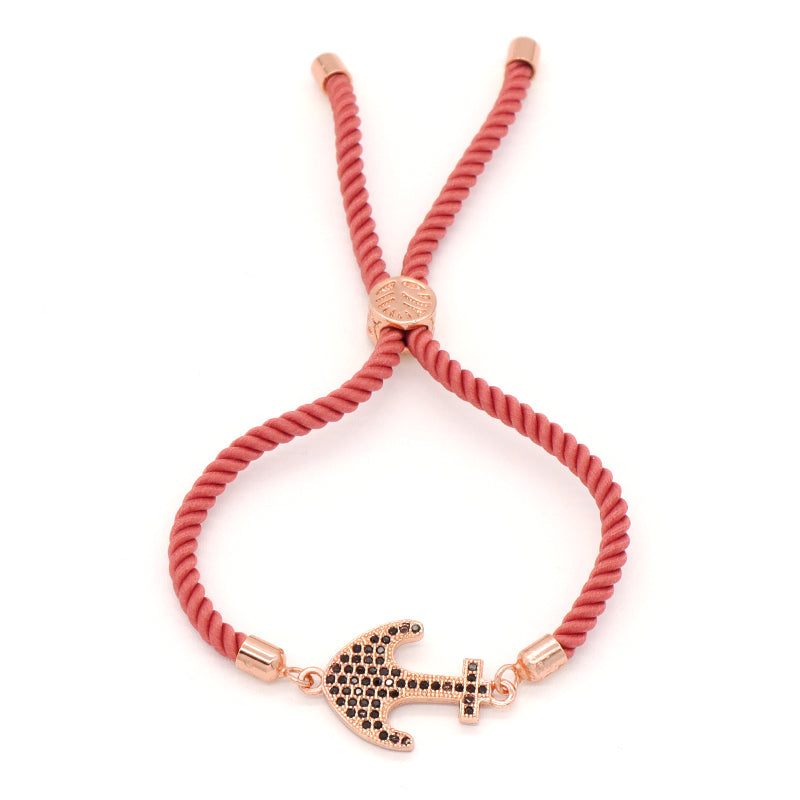 Wholesale Trendy Women Custom Factory Gift OEM Anchor Jewelry Handmade Ajustable Rope Rose Gold Plated CZ Anchor Charm Bracelet