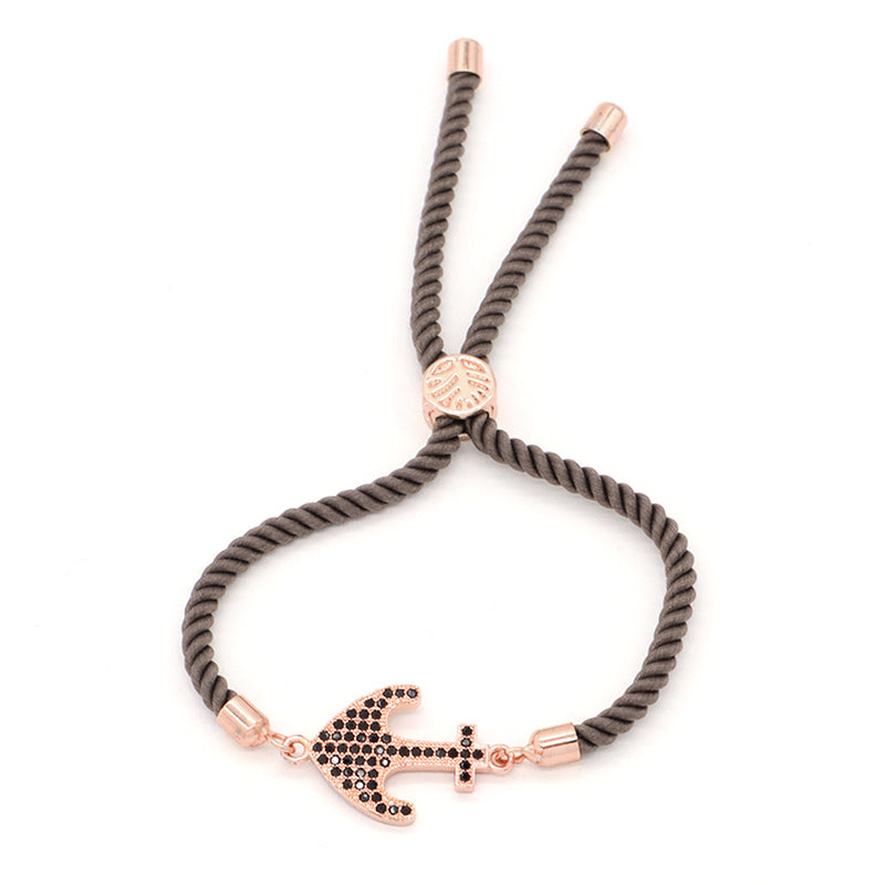 Wholesale Trendy Women Custom Factory Gift OEM Anchor Jewelry Handmade Ajustable Rope Rose Gold Plated CZ Anchor Charm Bracelet