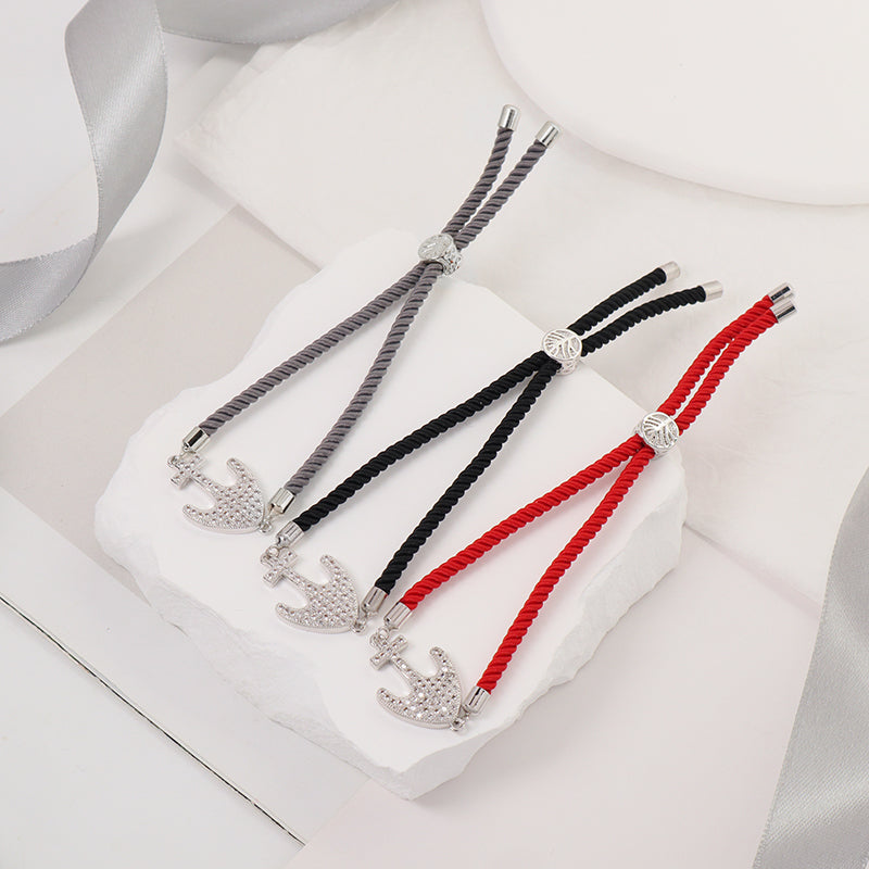 Anchor Charm Women Gift Jewelry Wholesale Customized Factory OEM Handmade Friendship Ajustable Rope Rhodium CZ Anchor Bracelet